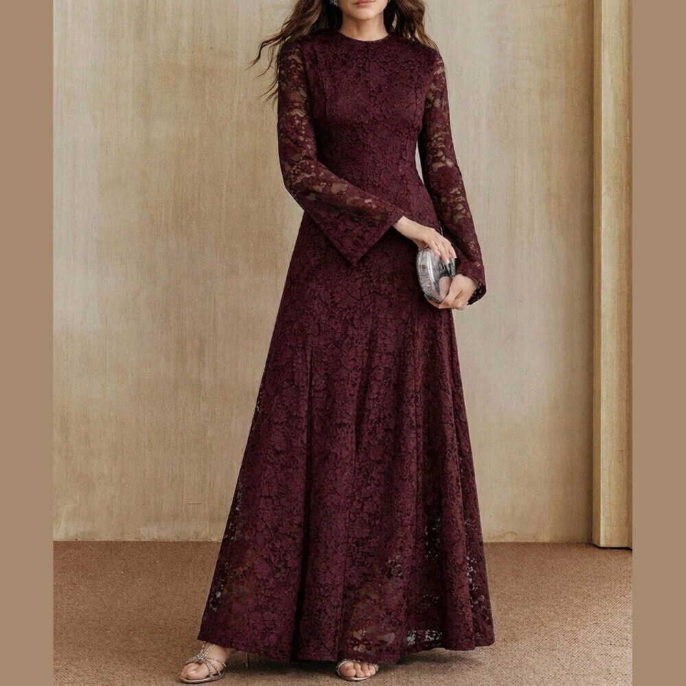 Burgundy Floral Lace Bell Sleeve Stand Collar Maxi Dress